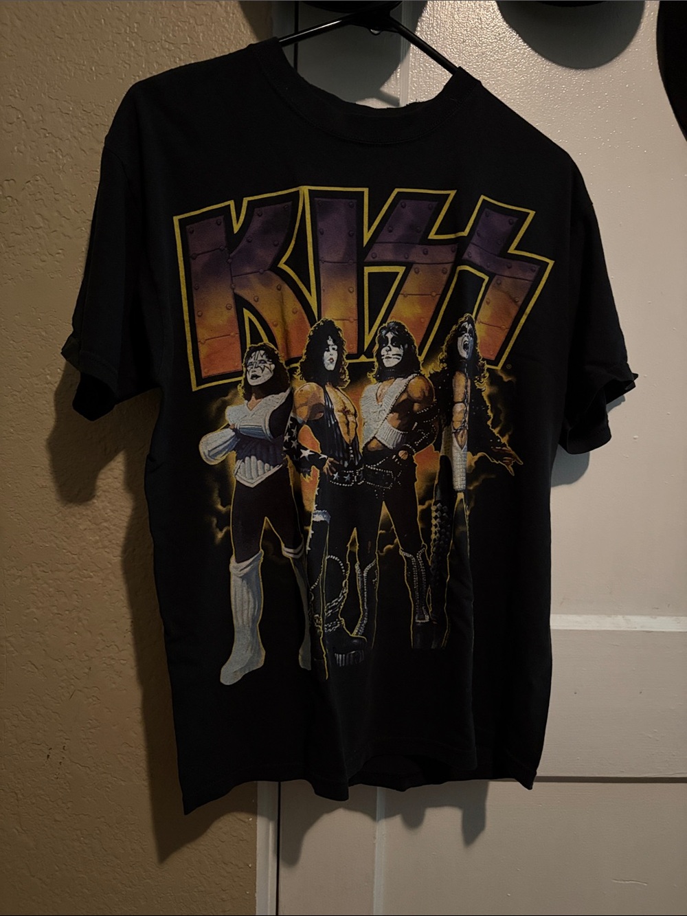 Kiss Black Tee with Yellow and Purple Logo and Band Portrait